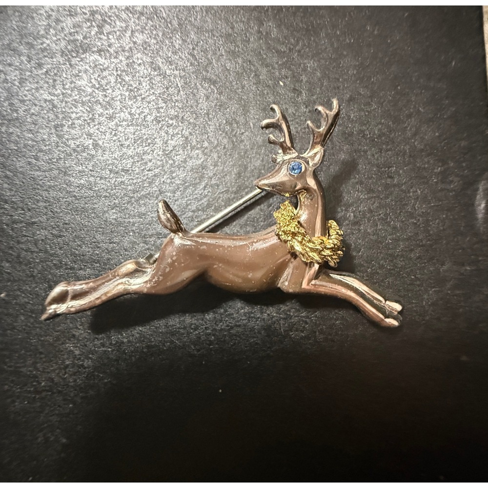 Vintage Enamel Reindeer Brooch Blue Eye Gold Wreath‎ Christmas Pin